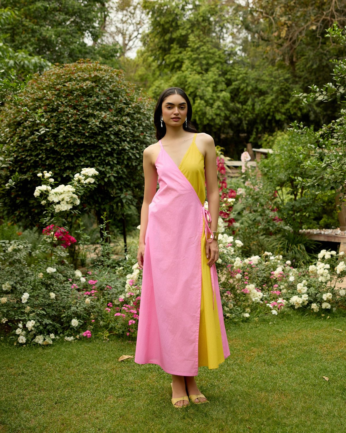 Pink-Yellow Colorblocked Wrap Midi Dress