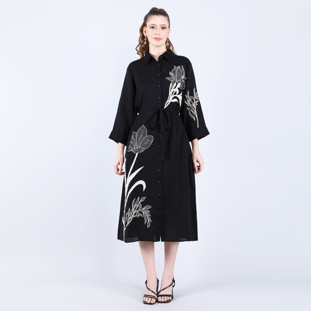 Black Linen Midi Shirt Dress with Floral Applique