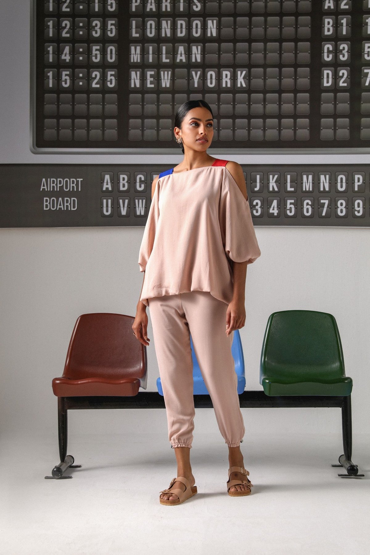 Nude Pink Off-Shoulder Top and Pants Co-ord Set