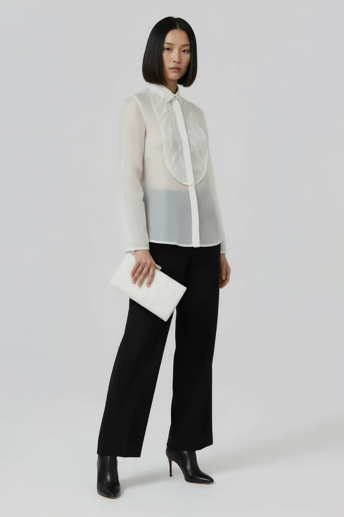 White Sheer Organza Shirt with Embroidered Bib