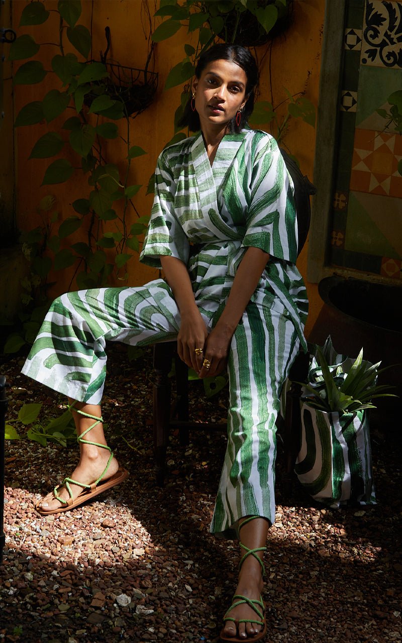White/Green Abstract Print Cotton Poplin Co-ord Set