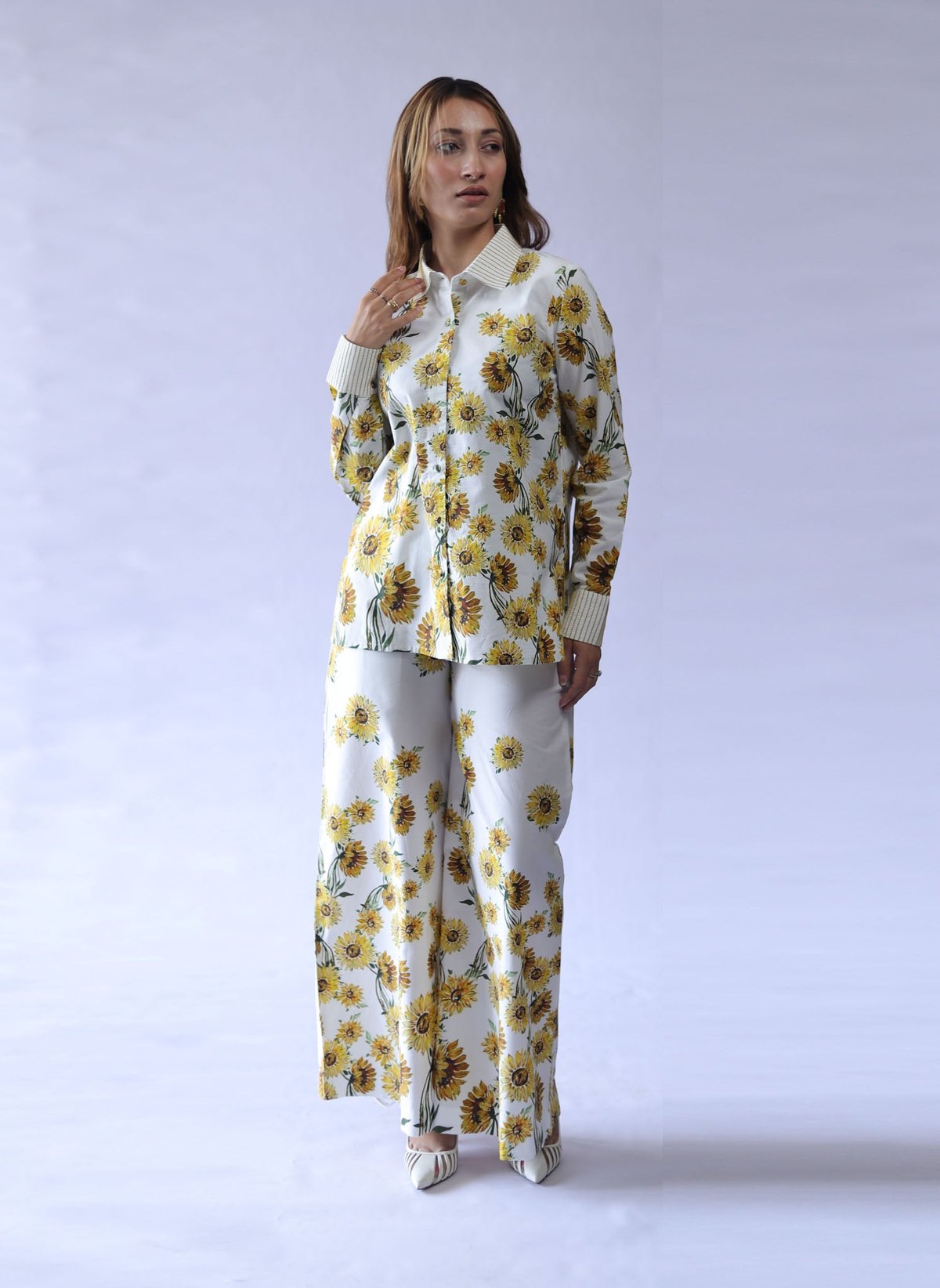 White Sunflower Printed Poplin Shirt and Pants Co-ord Set