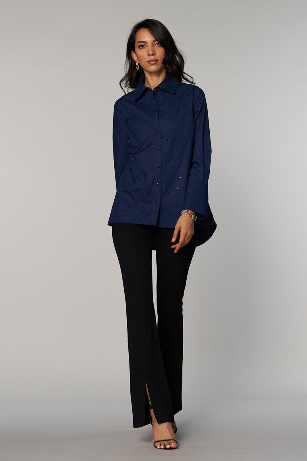 Navy Blue Stud-Embellished Longline Shirt