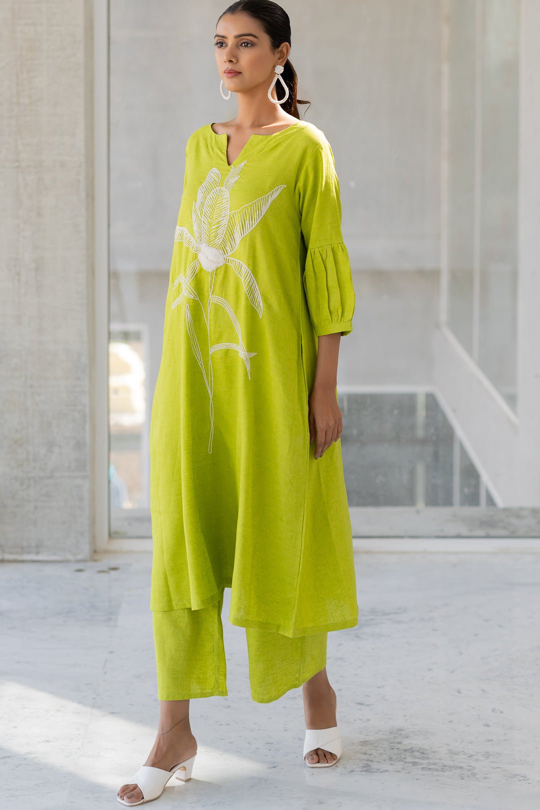 Green A-Line Kurta with White Floral Embroidery