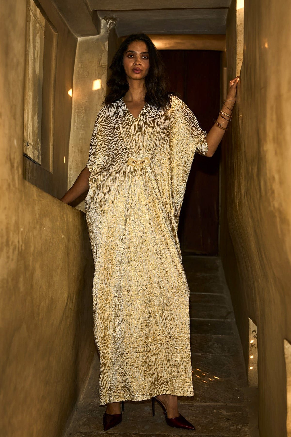 Ivory/Gold Foil Printed Pleated Maxi Kaftan
