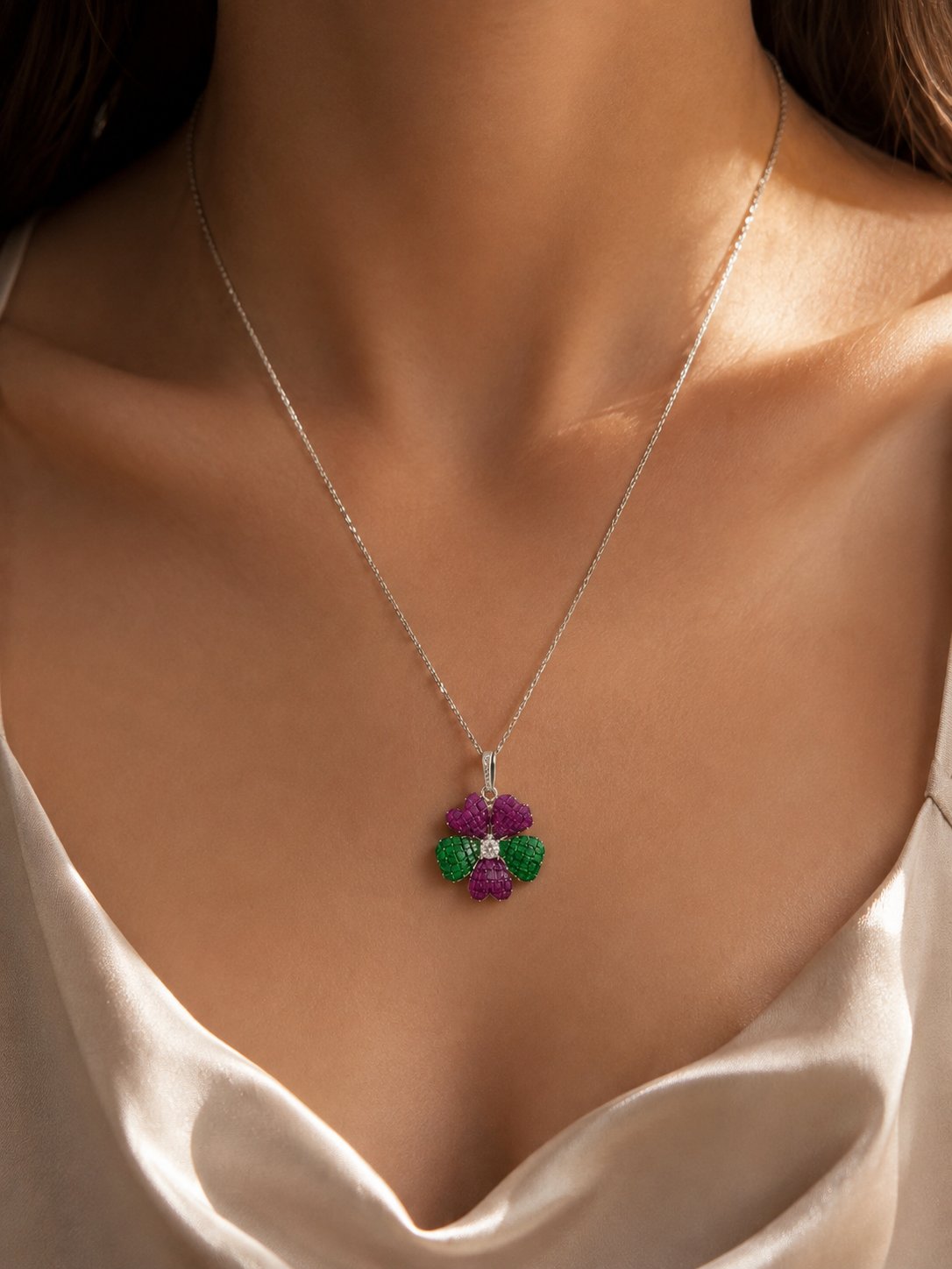 Mosaique Fleur Pendant - Ruby Pink & Emerald Green