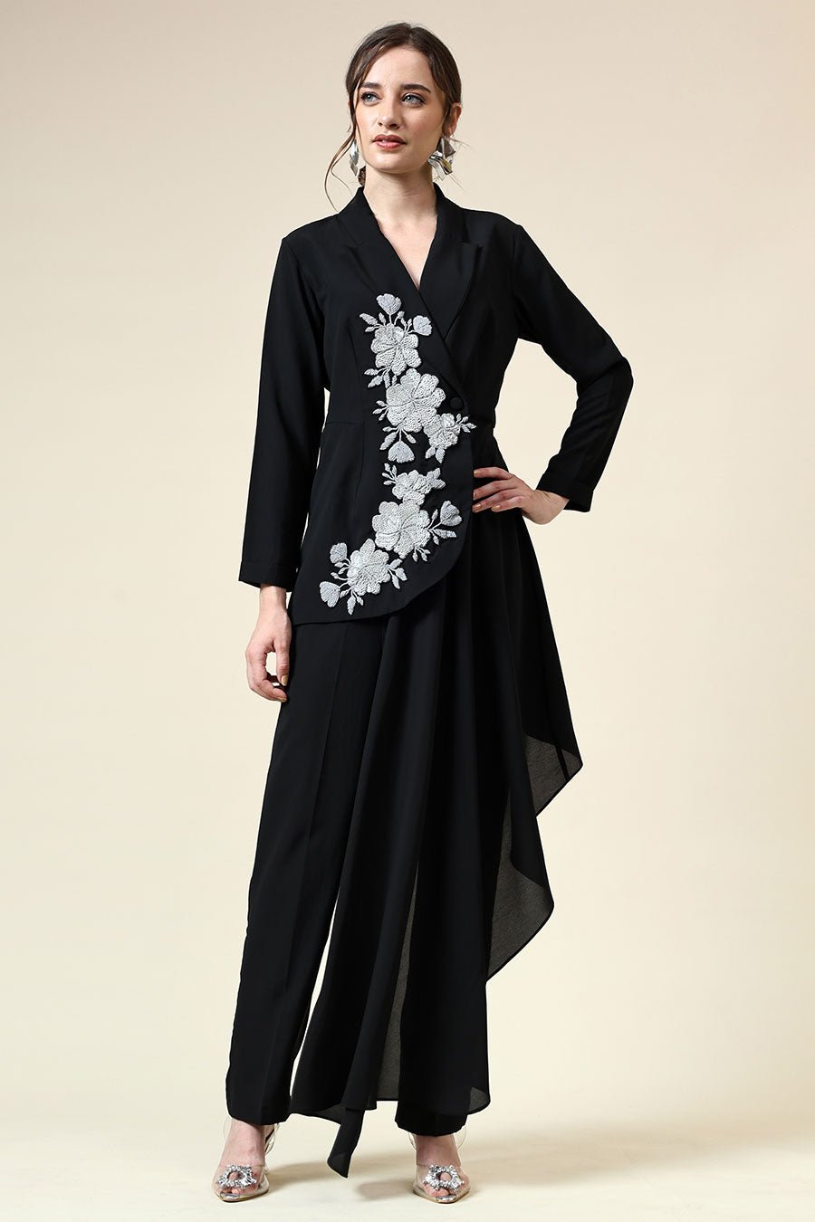 Black Embroidered Blazer Tunic and Straight Pant Co-ord Set