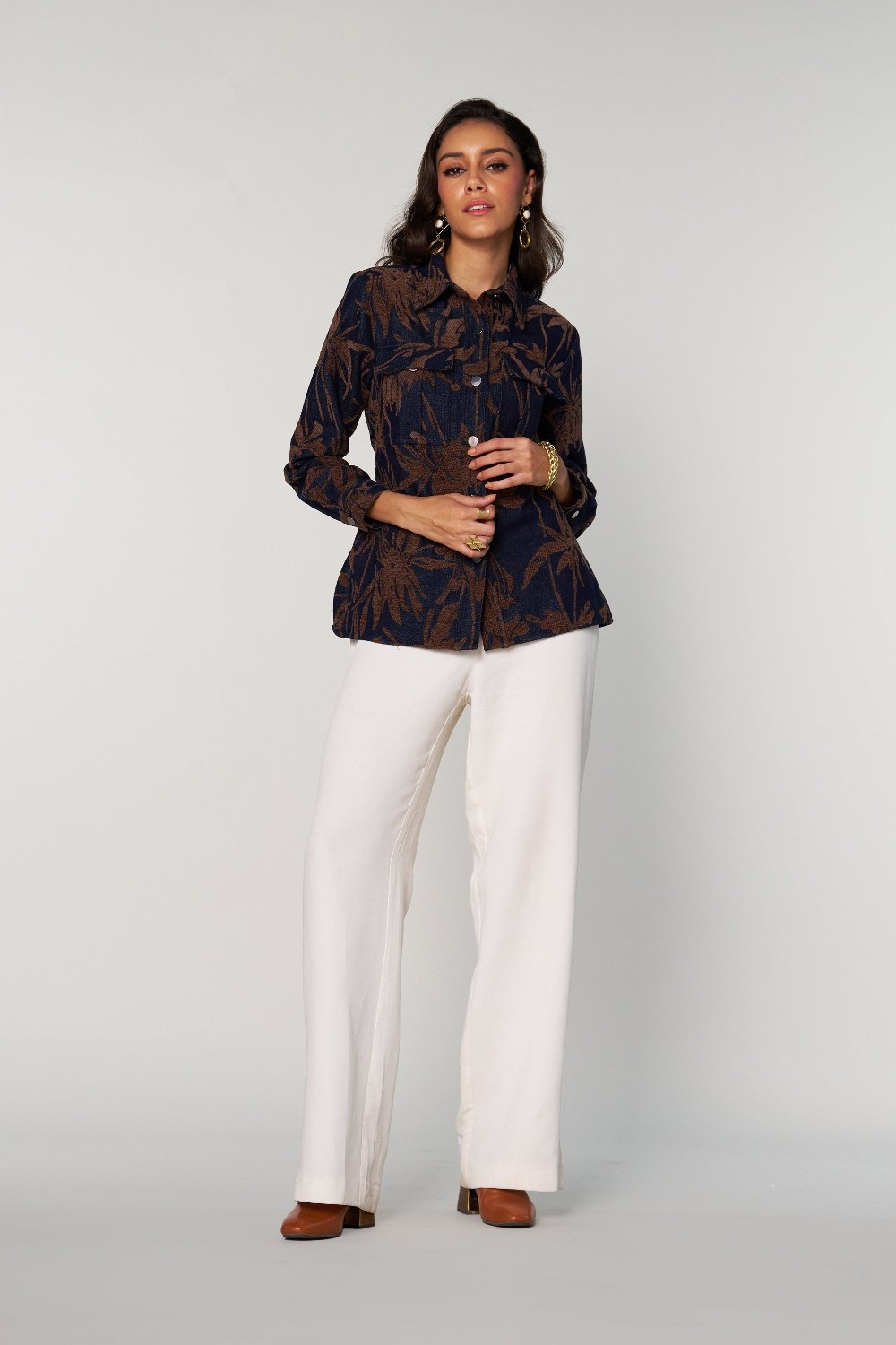 Blue Denim Velvet Printed Belted Jacket