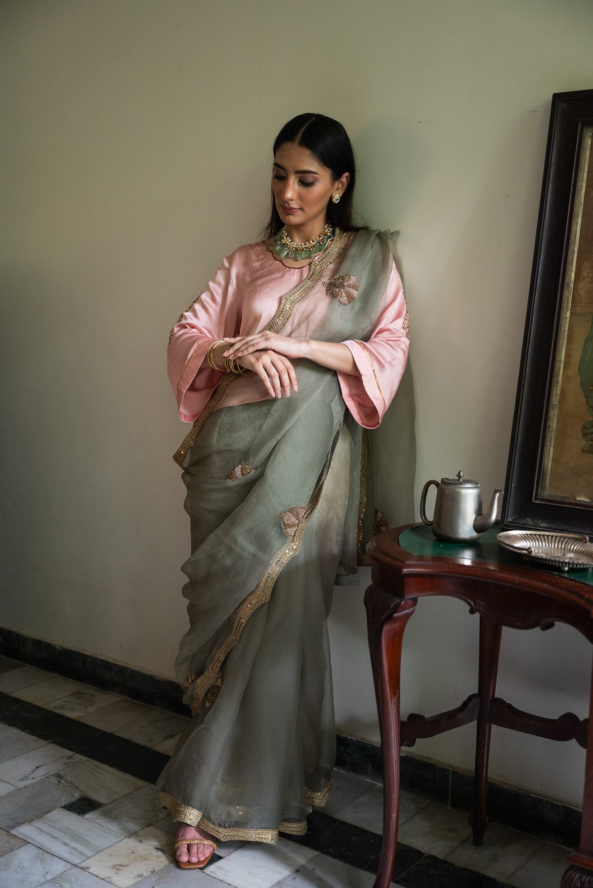 Nurjahan Organza Saree In Sage Green