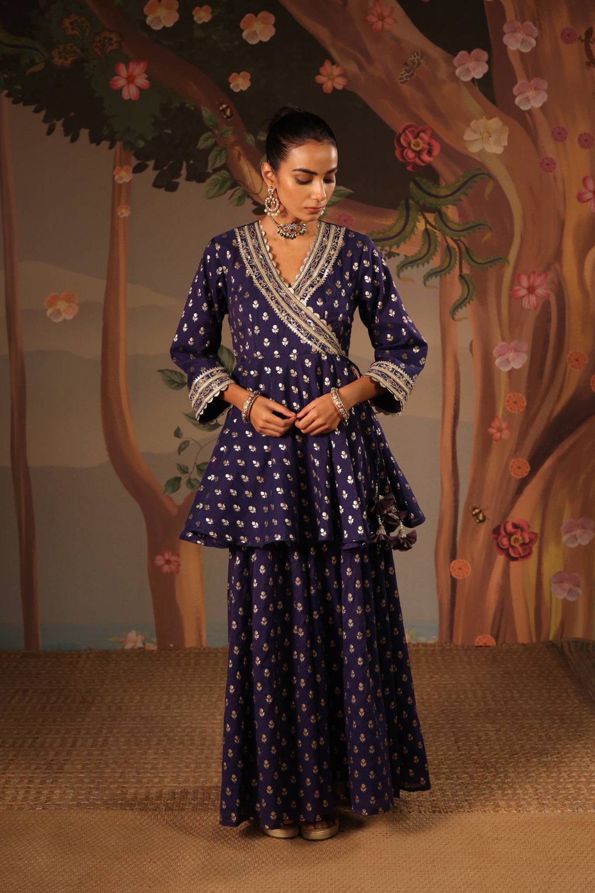 Blue Brocade Angrakha Kurta and Sharara Set with Zari Border