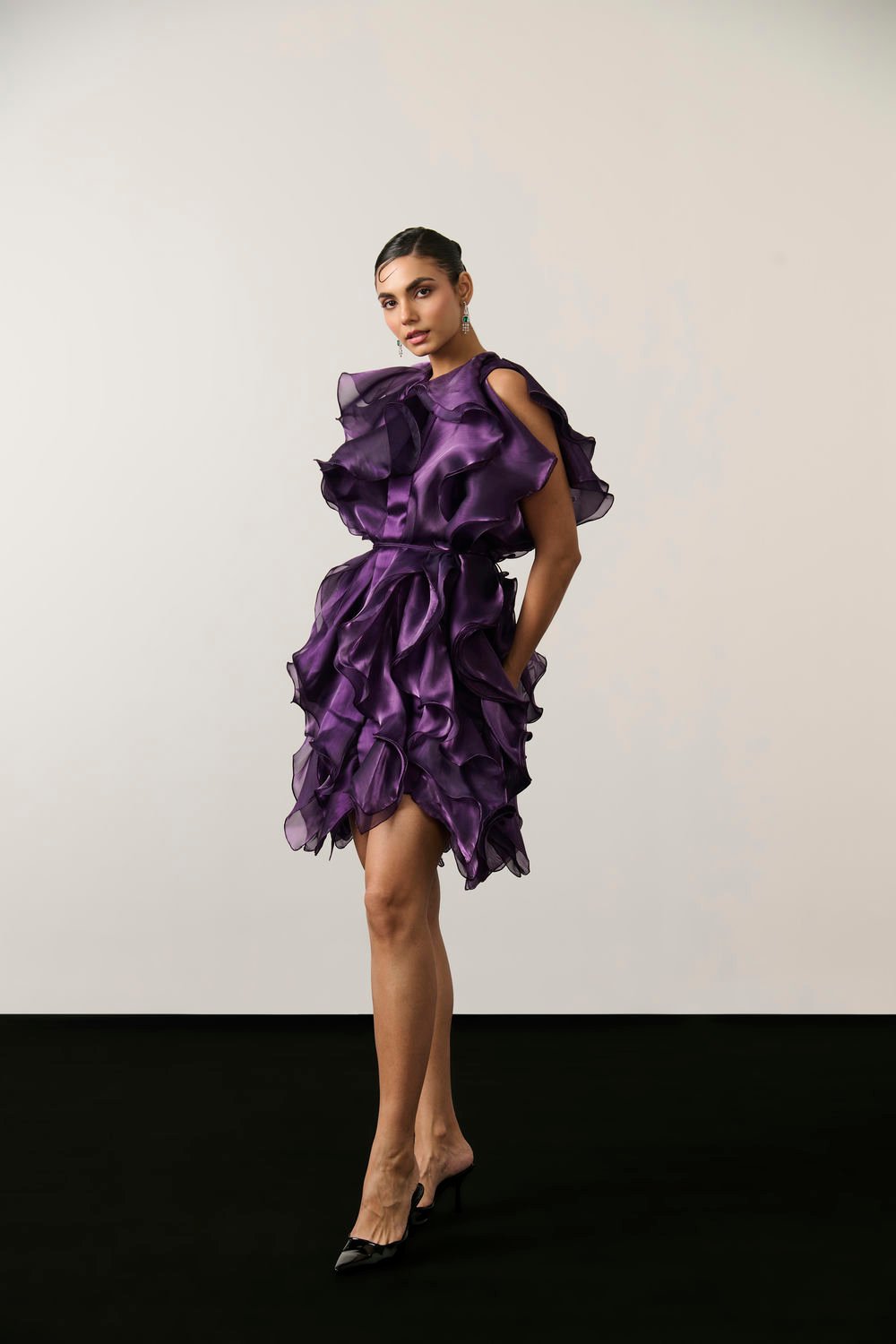 Purple Organza Ruffle Mini Dress with Waist Tie