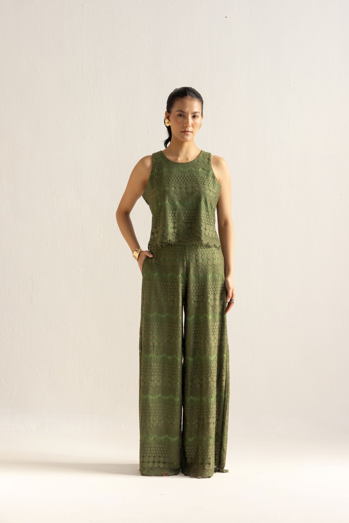 Olive Green Embroidered Lace Co-ord Set