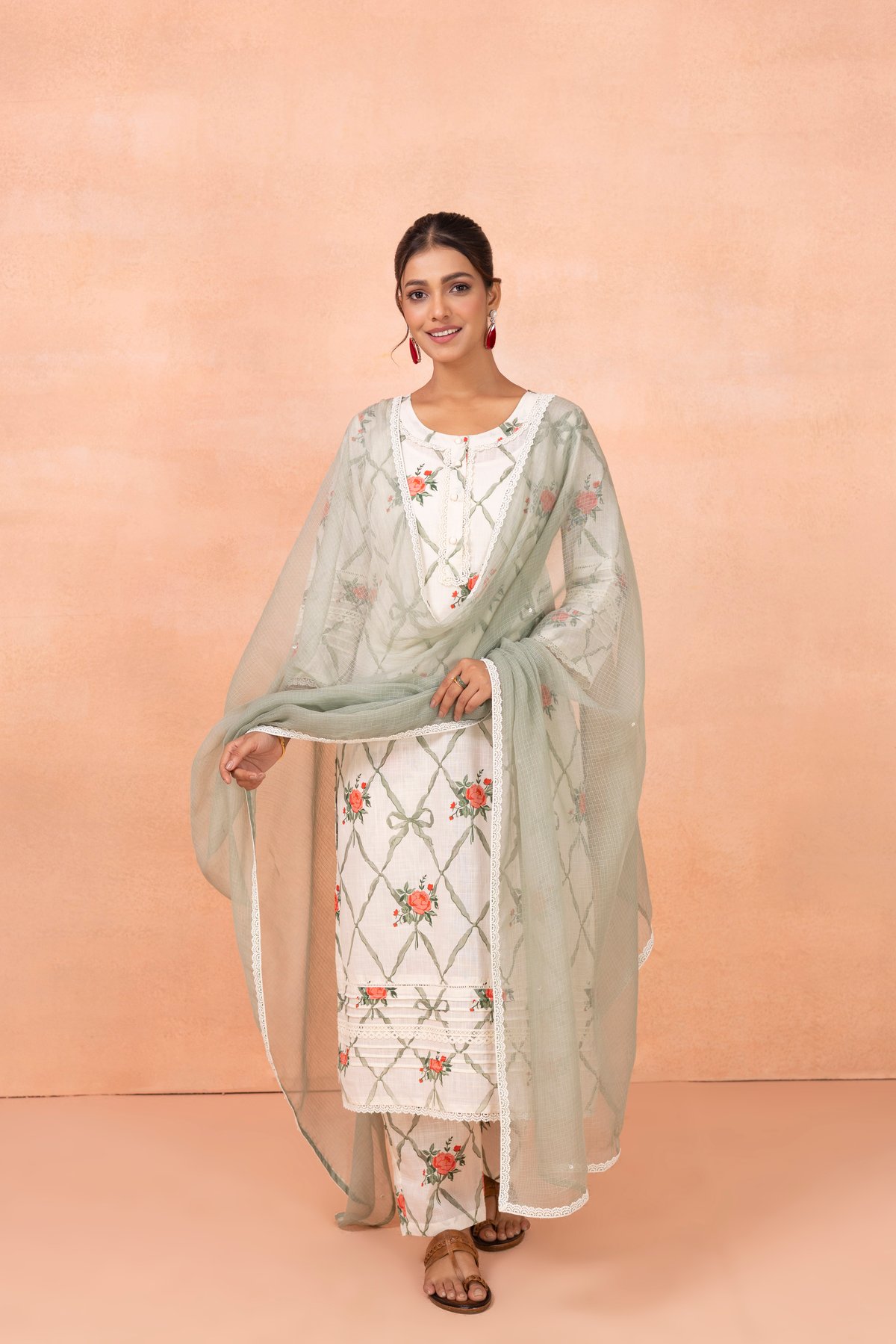 Grey Printed Straight Cotton Kurta Set with Dupatta