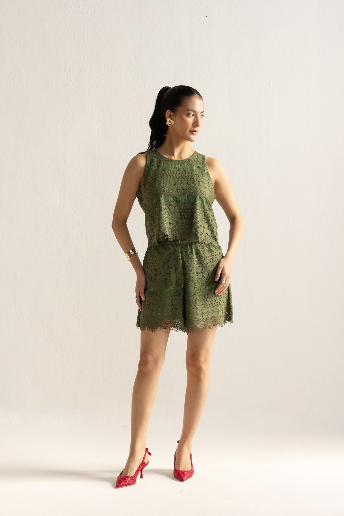 Olive Green Lace Top and Shorts Co-ord Set