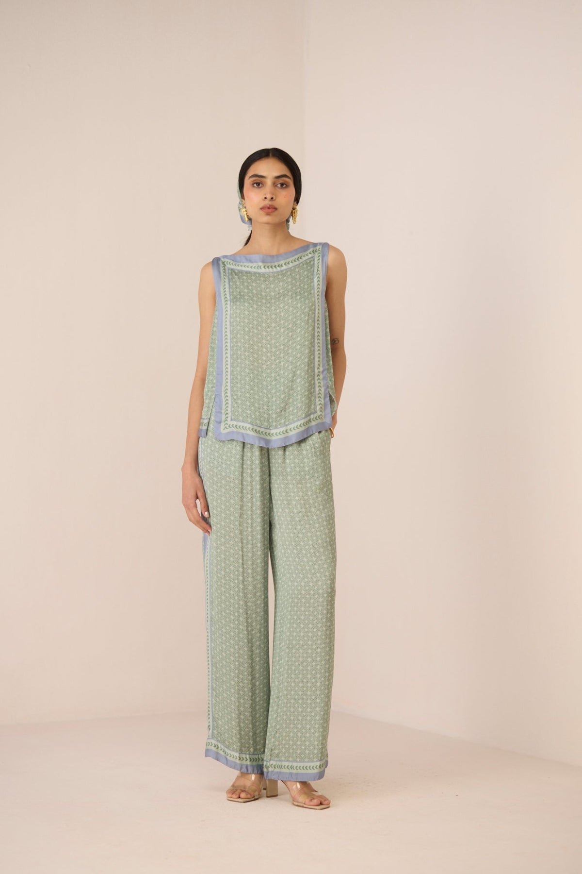 Sage Pearl Printed Wide-Leg Modal Trousers