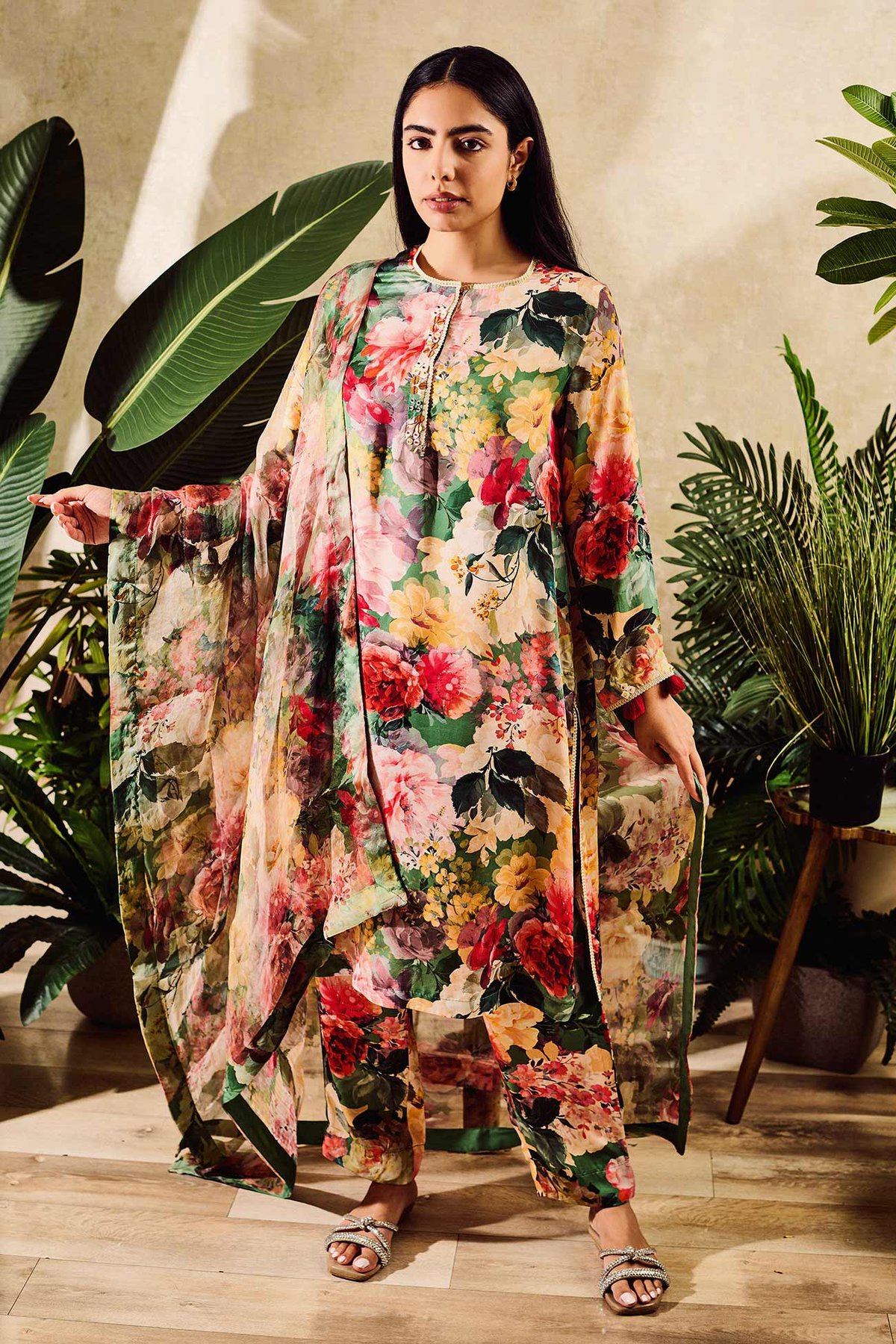 Cupro Satin Print Floral Round Watercolor Garden Kurta And Pant Set