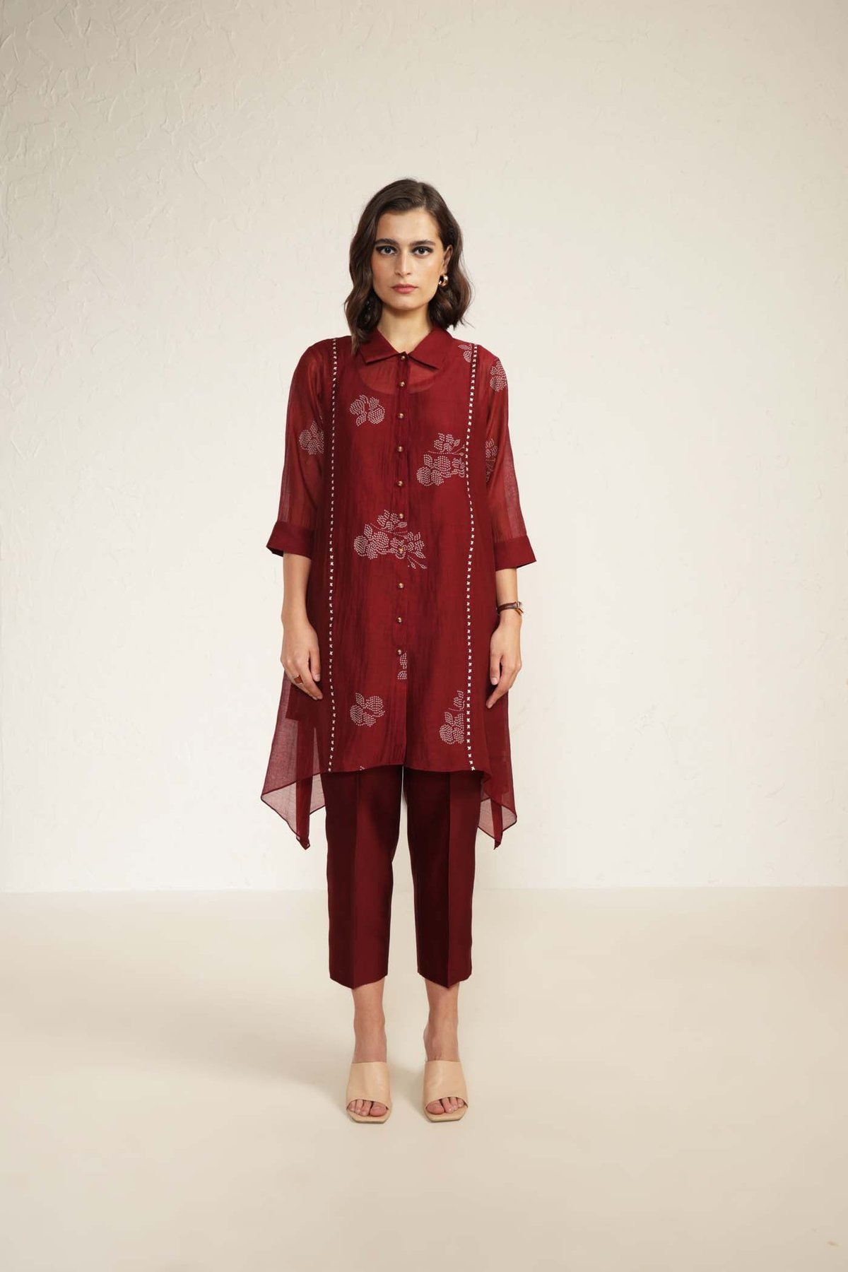 Burgandy Chanderi Shirt and Pants Co-ord Set with Slip