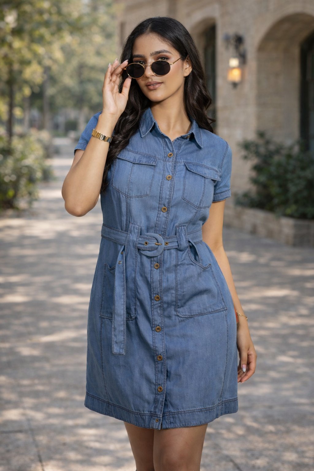 Blue Denim Button-Down Shirt Dress with Belt