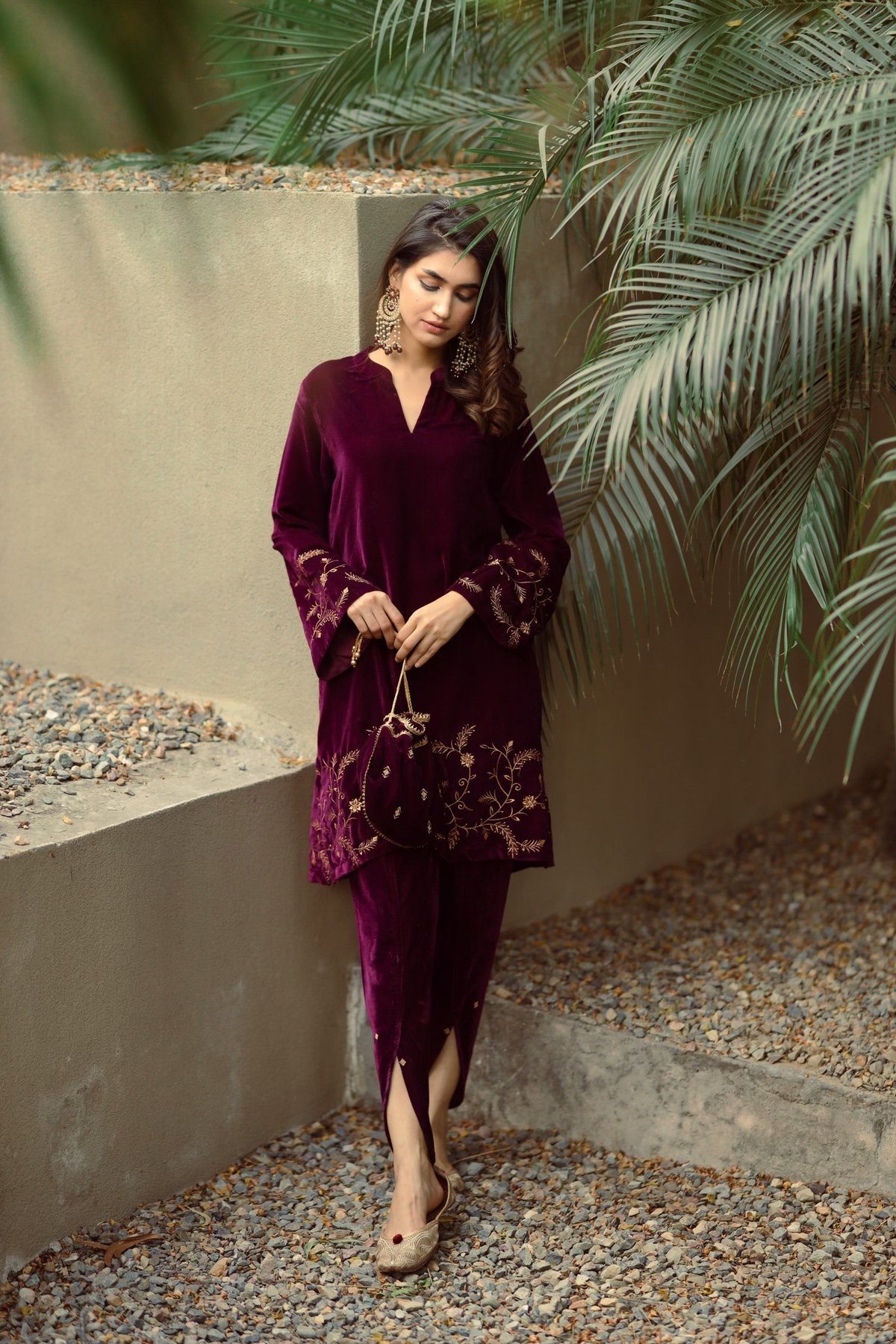 Wine Velvet Embroidered Kurta Set with Tulip Pants