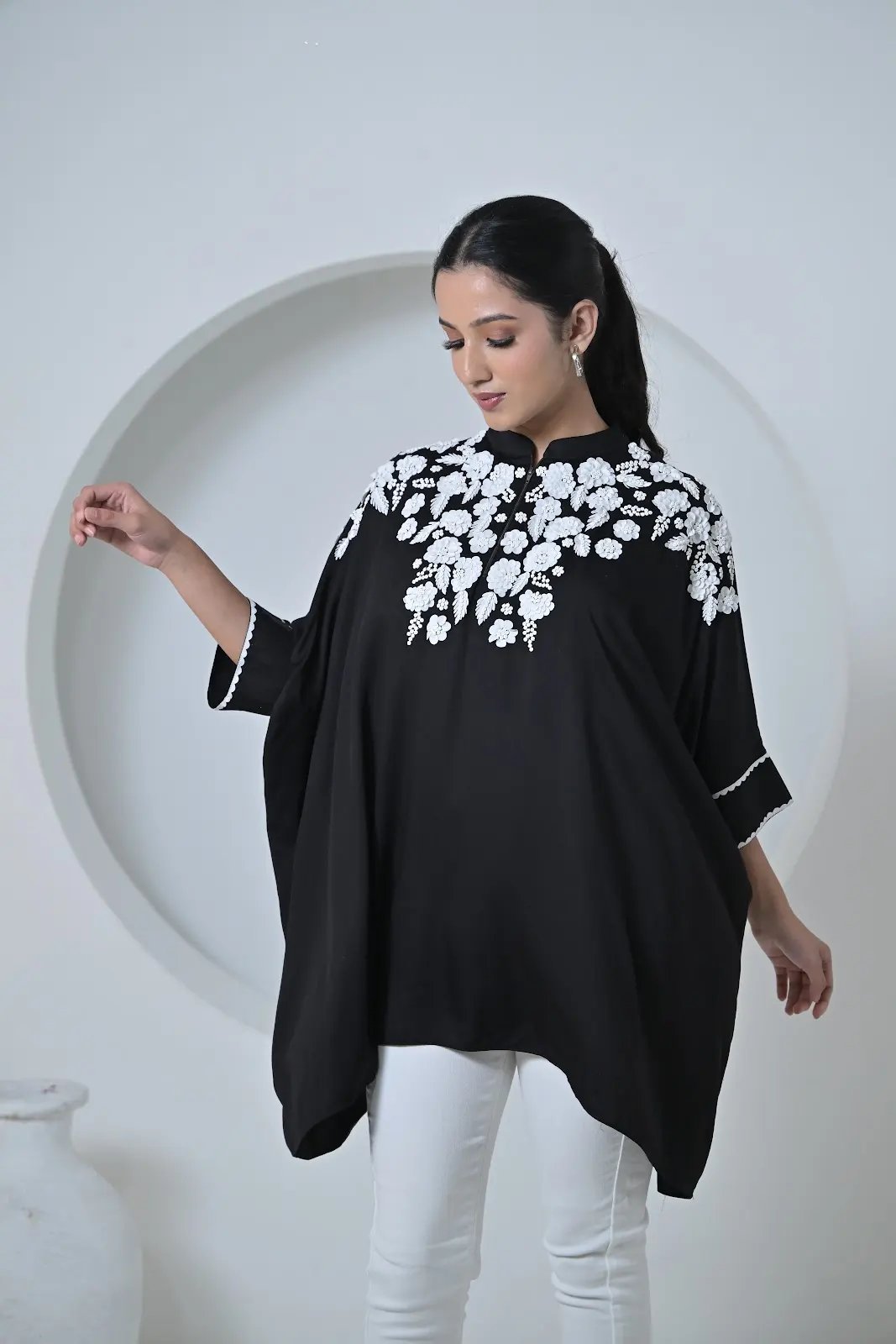 Black Satin Kaftan with White Yoke Embroidery