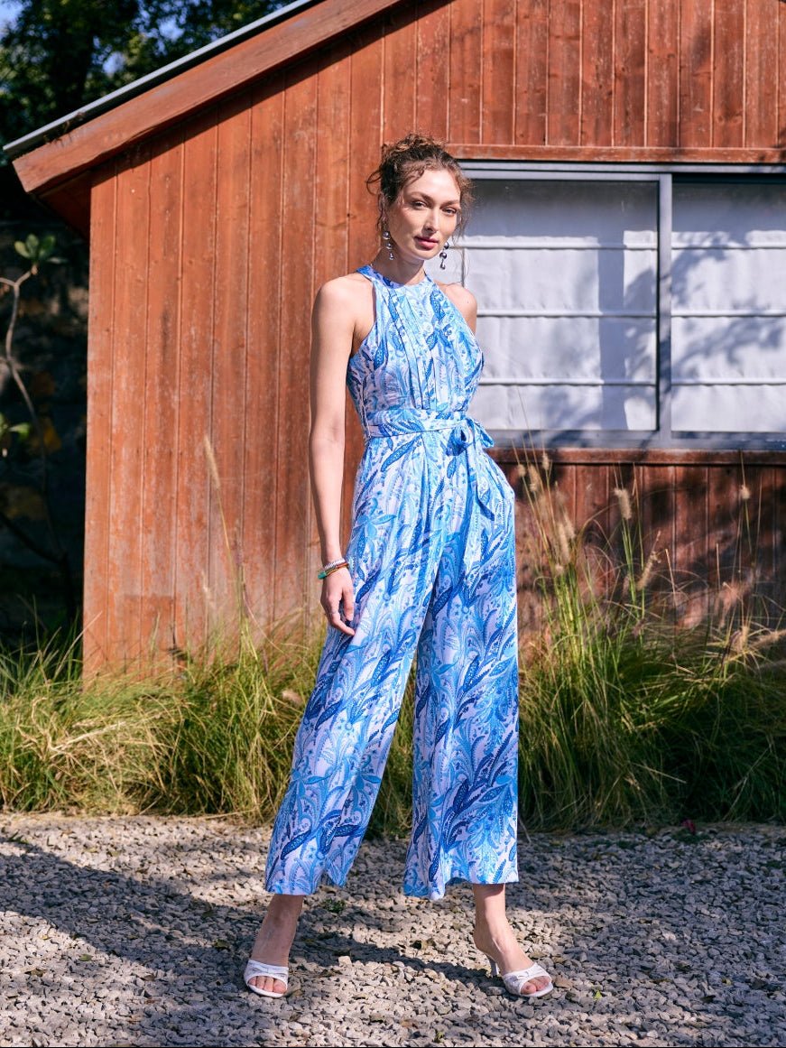 Blue Printed Halter Neck Wide-Leg Jumpsuit