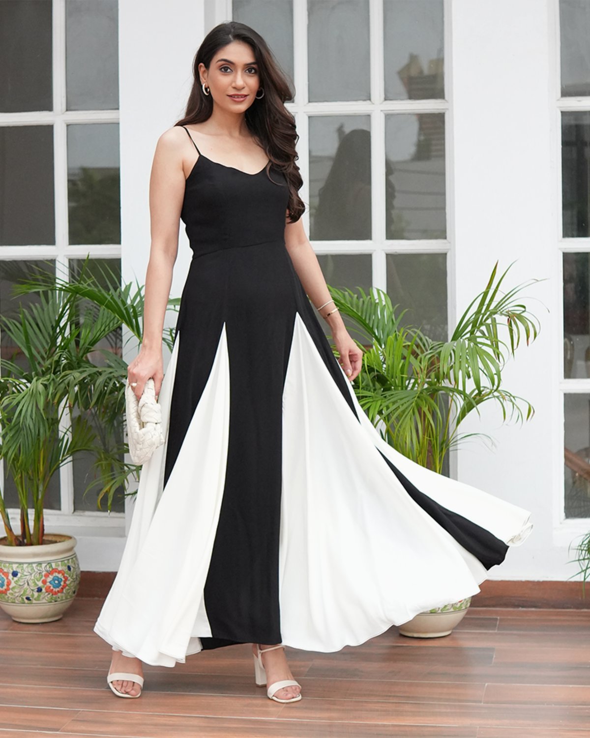 Black and White Colorblock Fit and Flare Maxi Dress