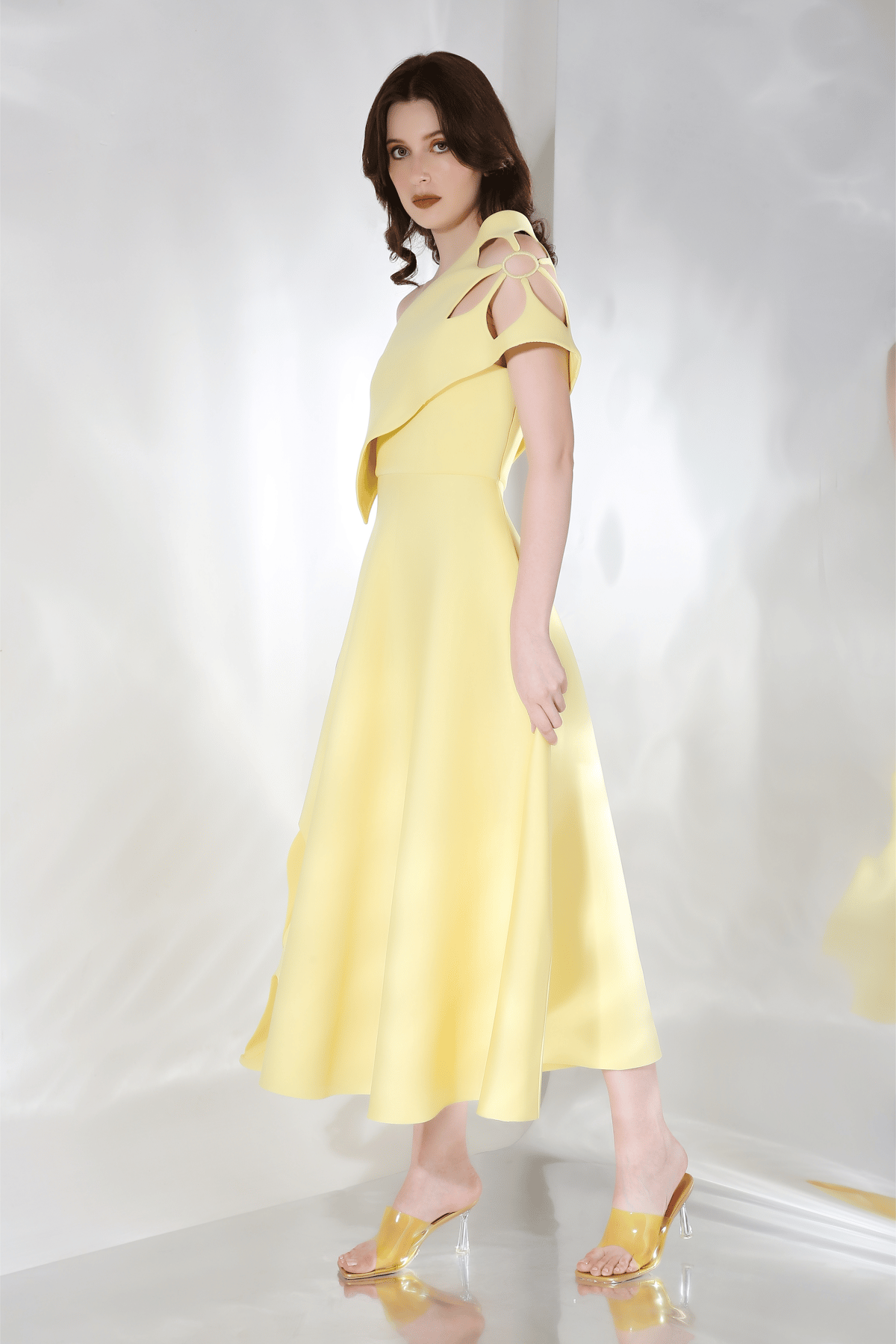 Light Yellow One-Shoulder Cutwork Fit and Flare Midi Dress