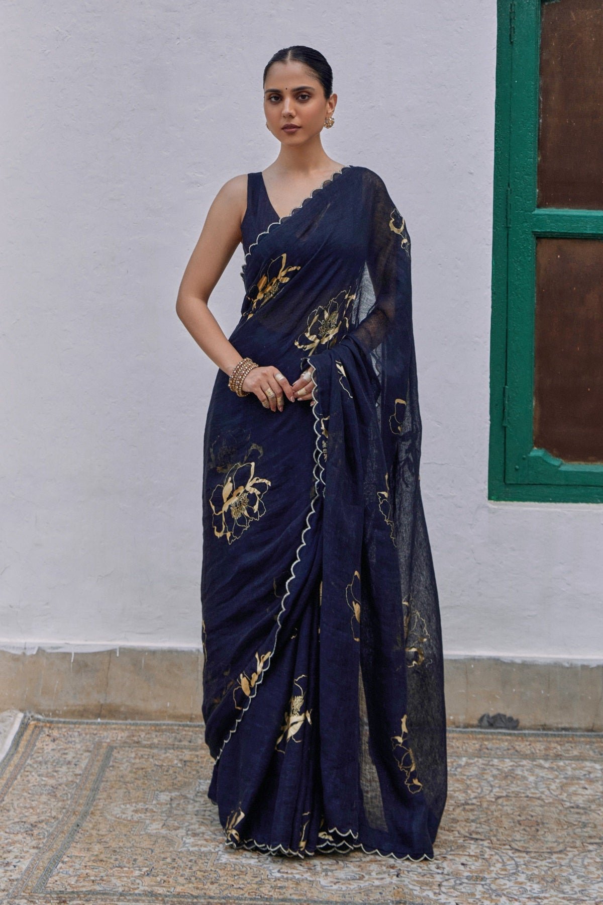 Black Linen Gauze Saree with Gold Floral Motifs