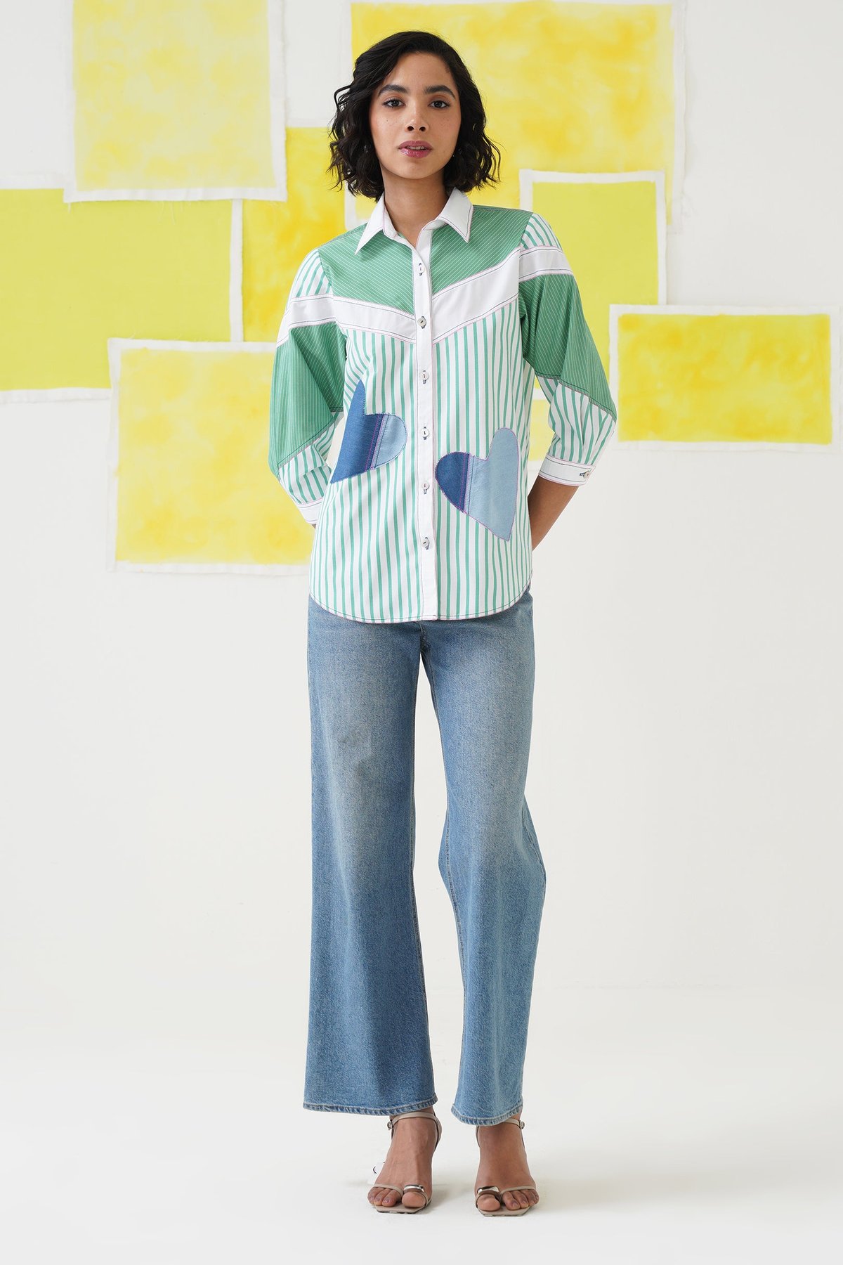Green and White Striped Shirt with Denim Heart Patches