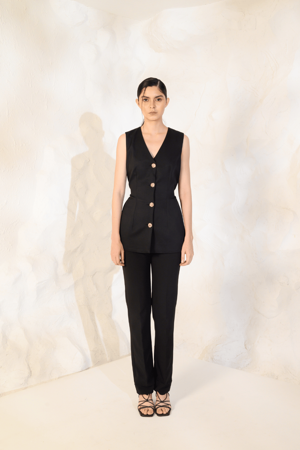 Black V-Neck Sleeveless Button-Front Co-ord Set