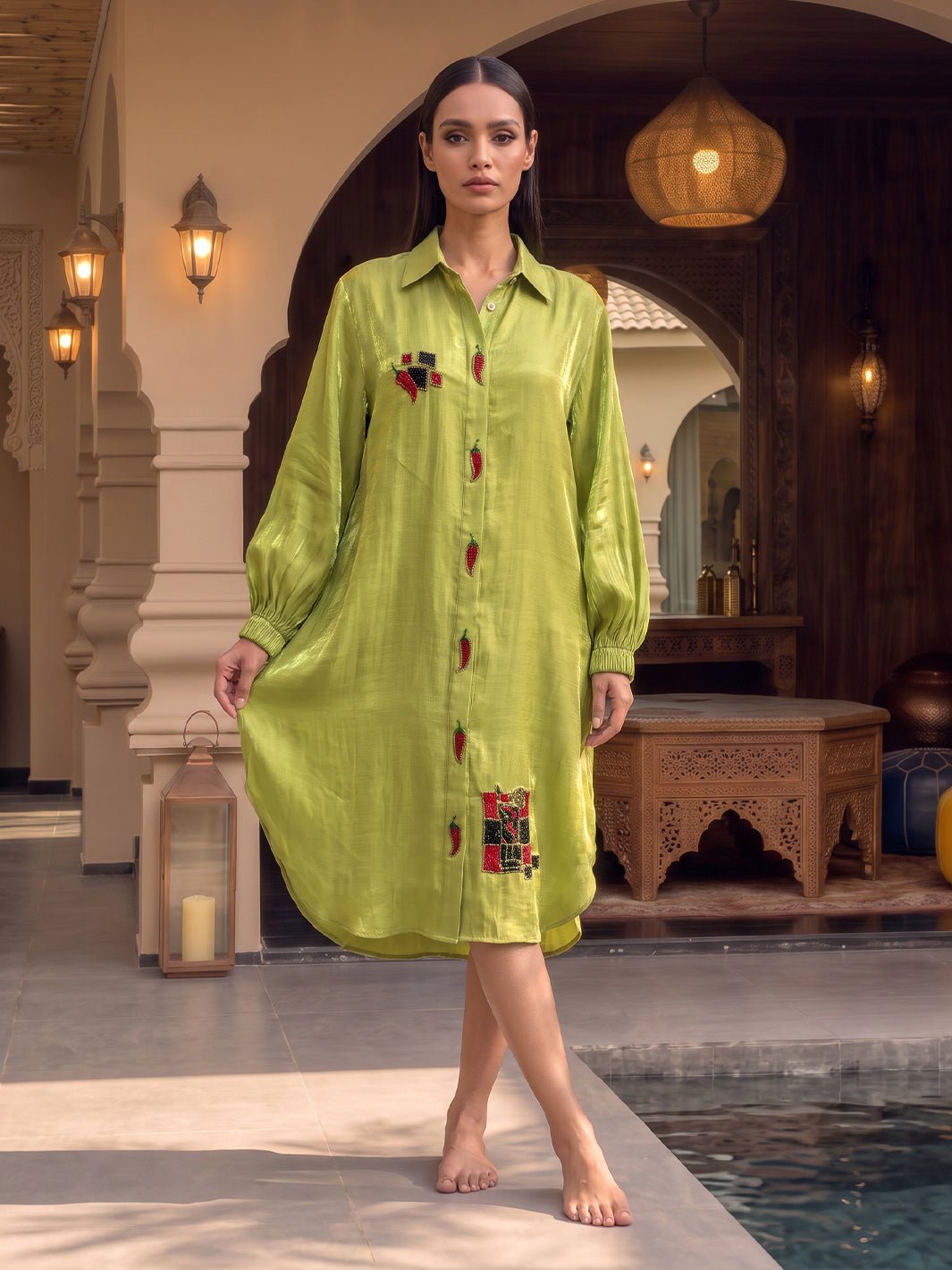 Acid Green Mul Satin Embroidered Midi Shirt Dress