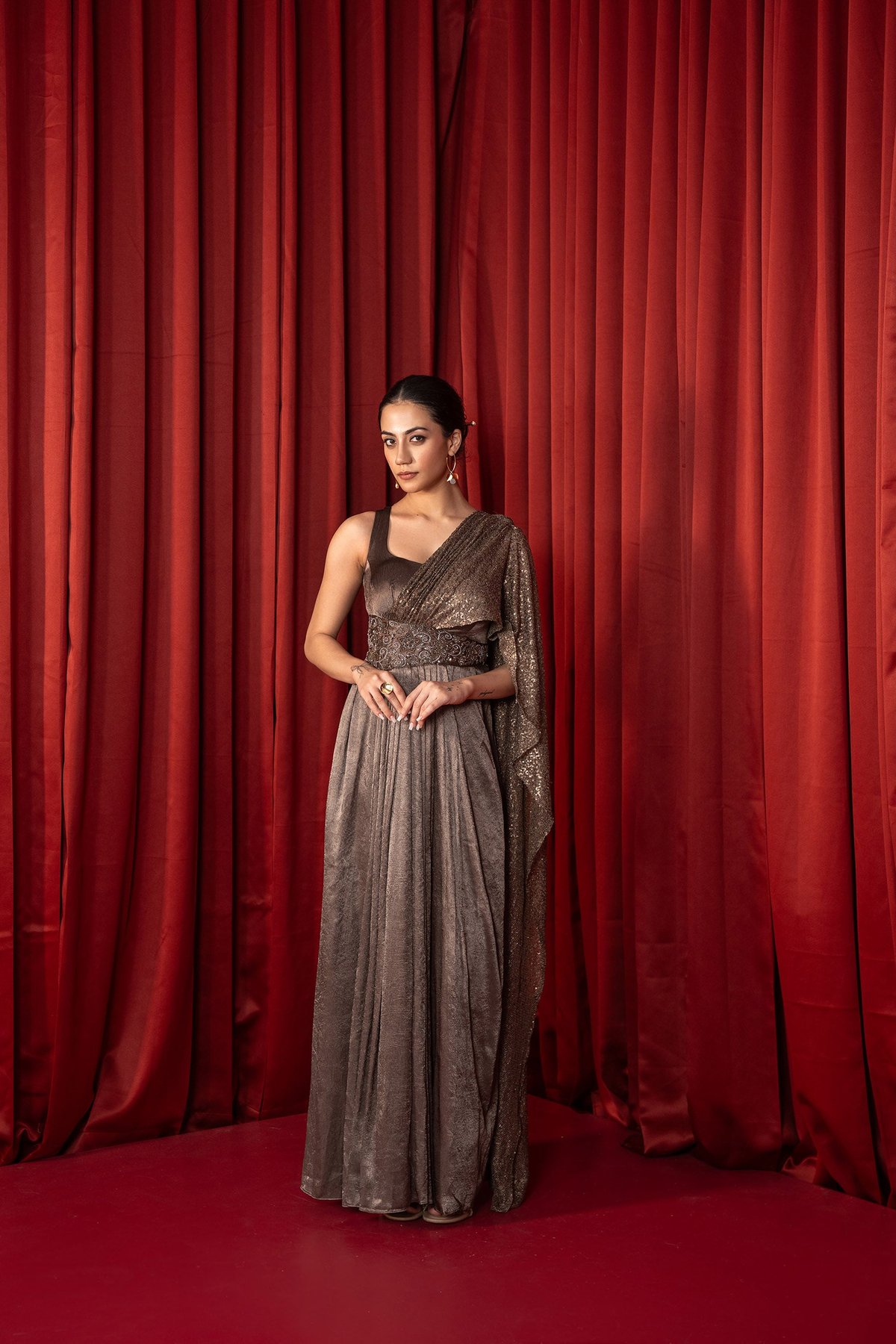 Champagne Bronze Sequin Drape Maxi Gown