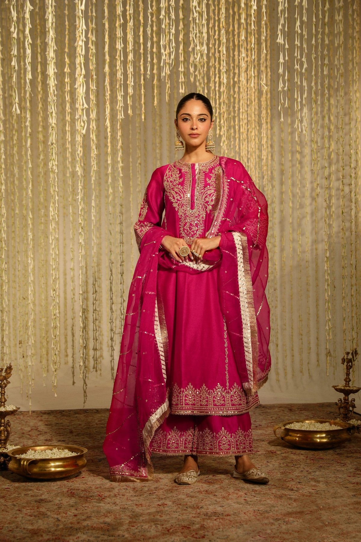 Hot Pink Embroidered A-Line Kurta Set with Dupatta