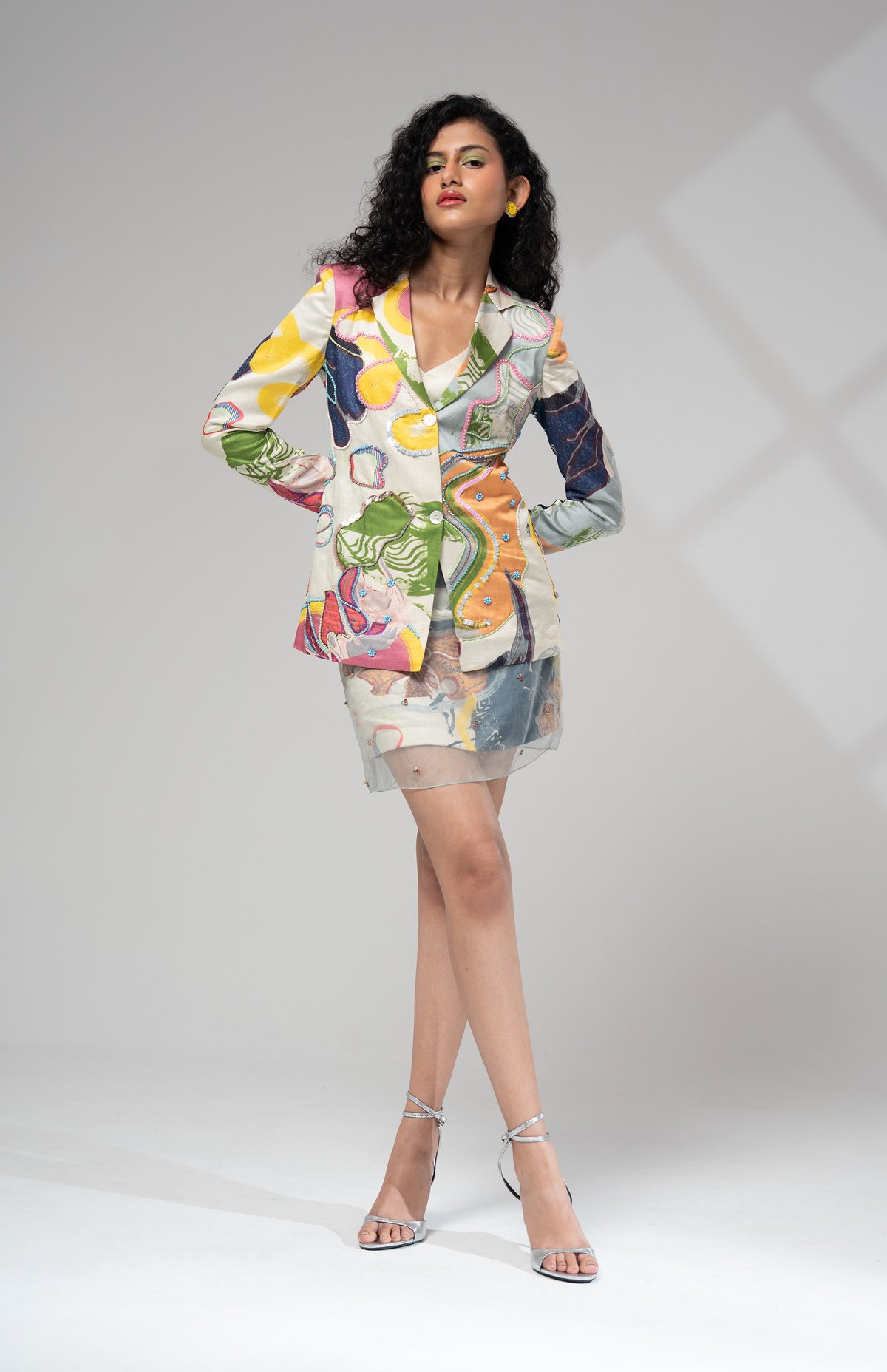 Multicolor Printed Blazer and Mini Skirt Co-ord Set