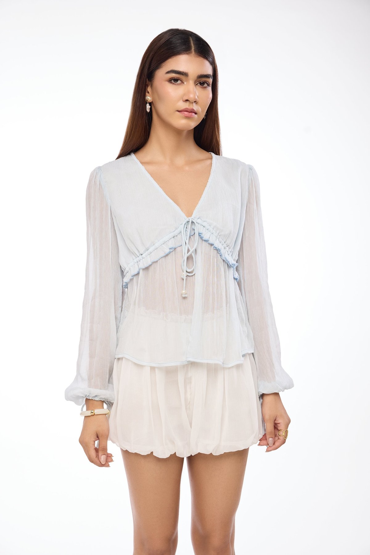Pastel Blue Sheer Plunging Neck Drawstring Flowy Top
