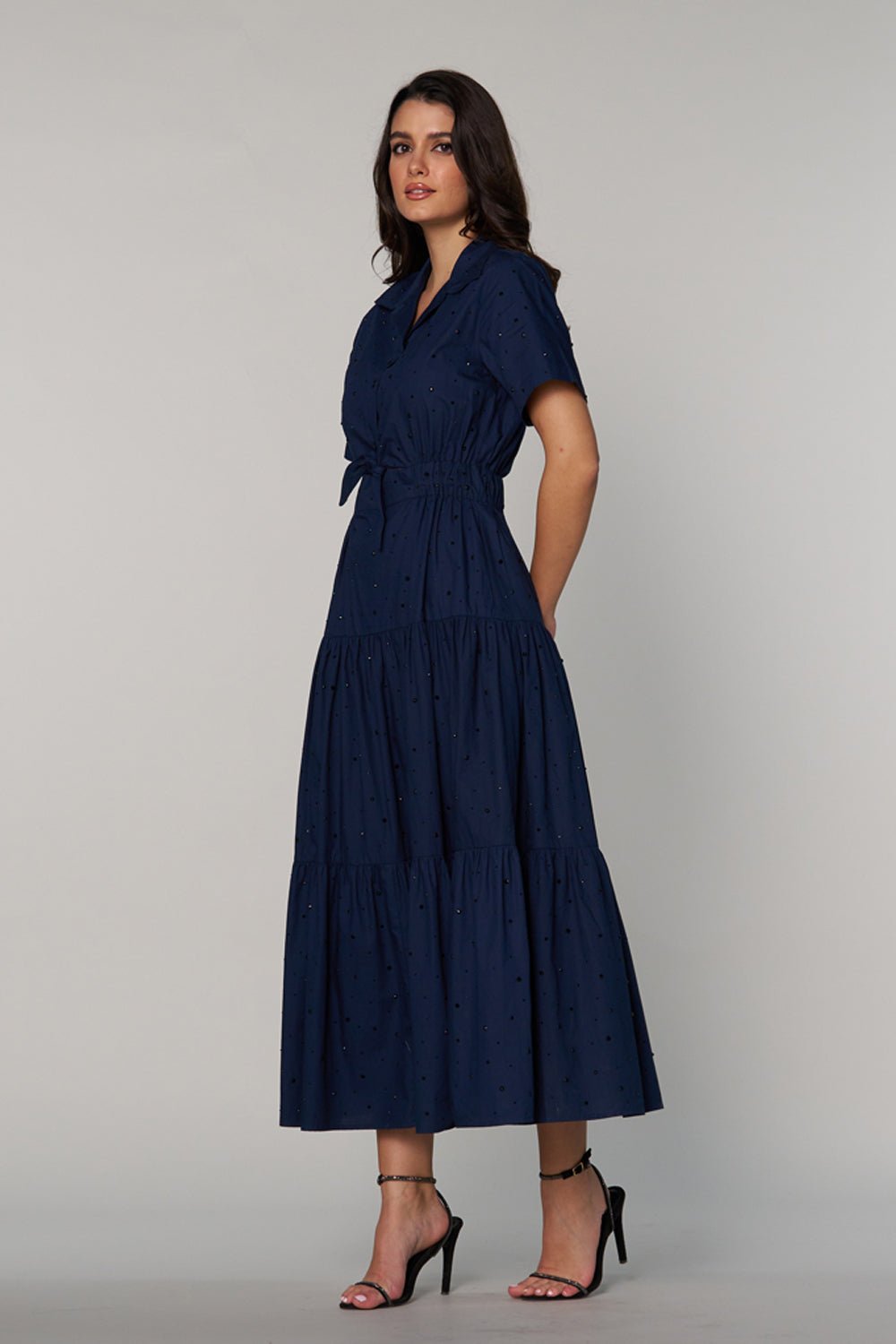Navy Stud Embellished Tiered Maxi Shirt Dress