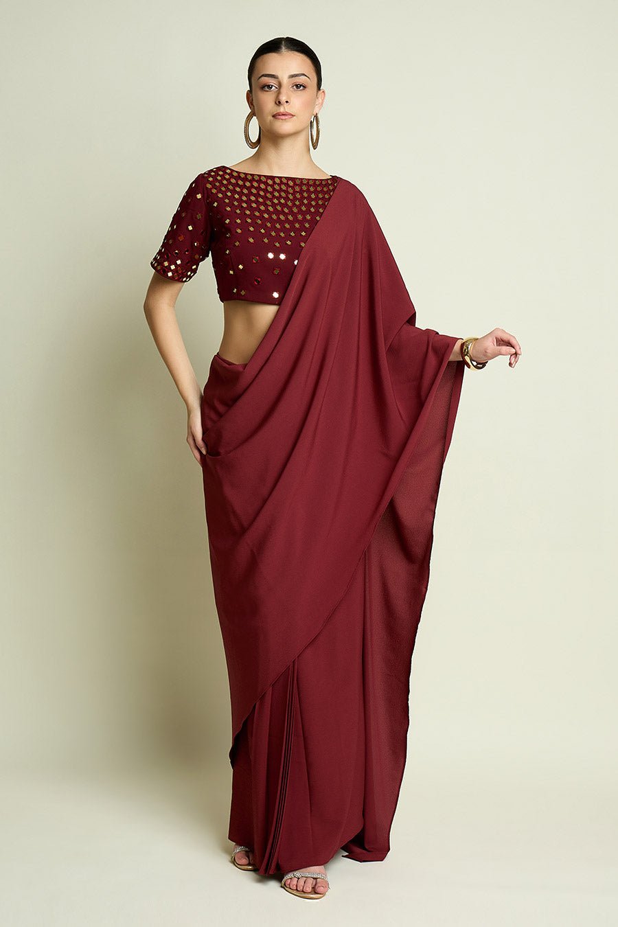 Wine Pre-Draped Saree With Blouse