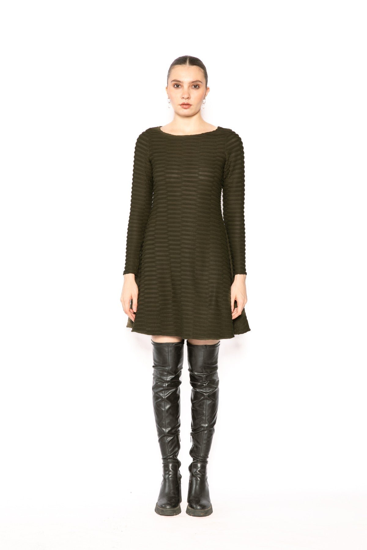 Green Textured Fit and Flare Mini Dress with Boat Neck
