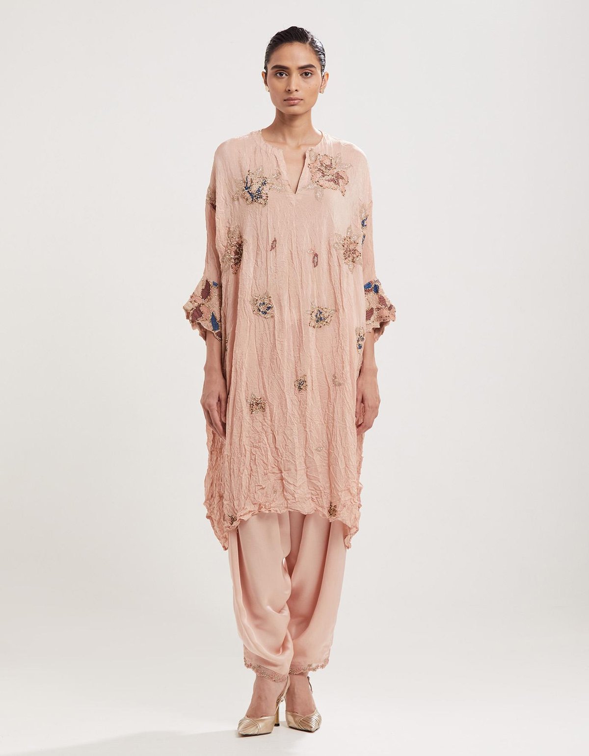 Beige Embroidered Loose-Fit Kurta with Salwar