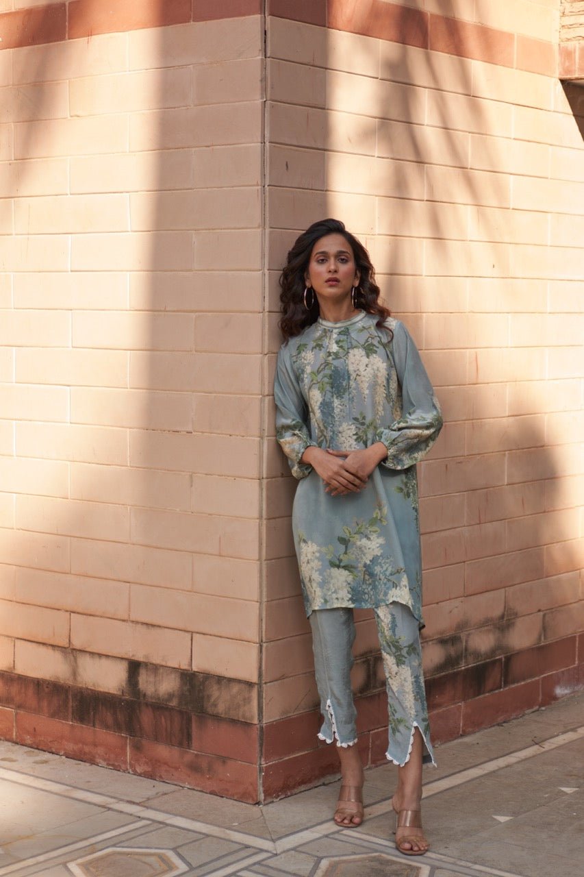 Pastel Blue Floral Kurta and Cigarette Pants Co-ord Set