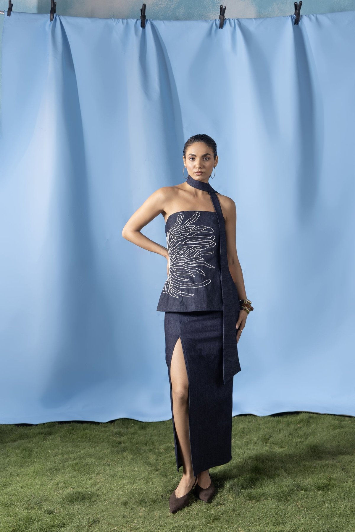 Navy Denim Tube Top and Maxi Slit Skirt Co-ord Set
