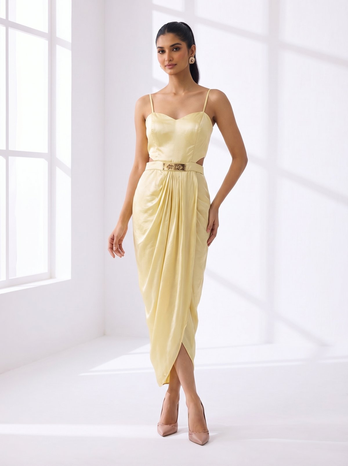 Beige Drape Dress Sets
