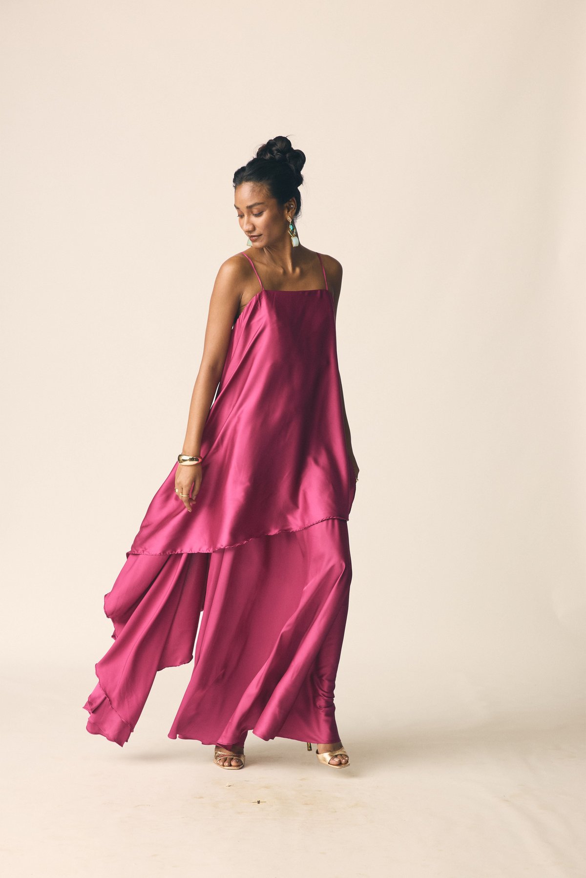 Sangria Pink Satin Top and Maxi Skirt Co-ord Set