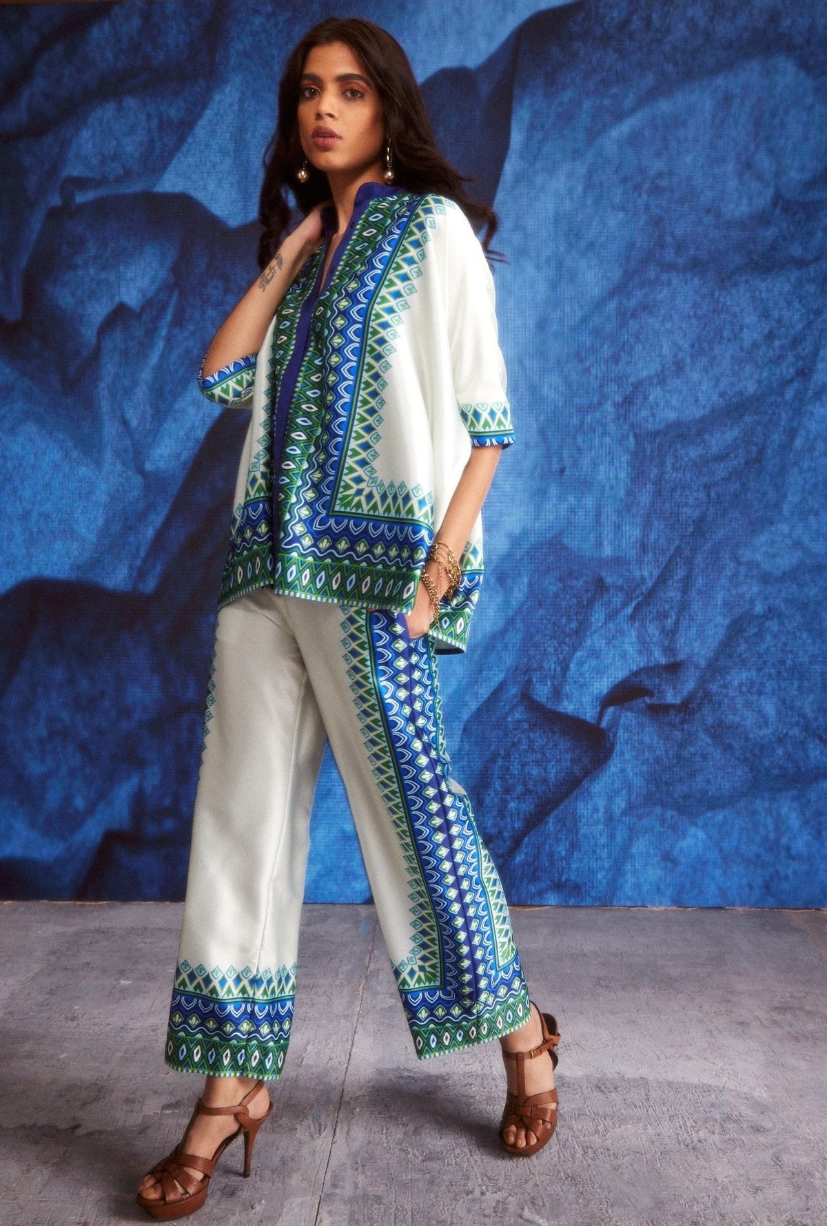 White Blue Green Geometric Printed Co-ord Set