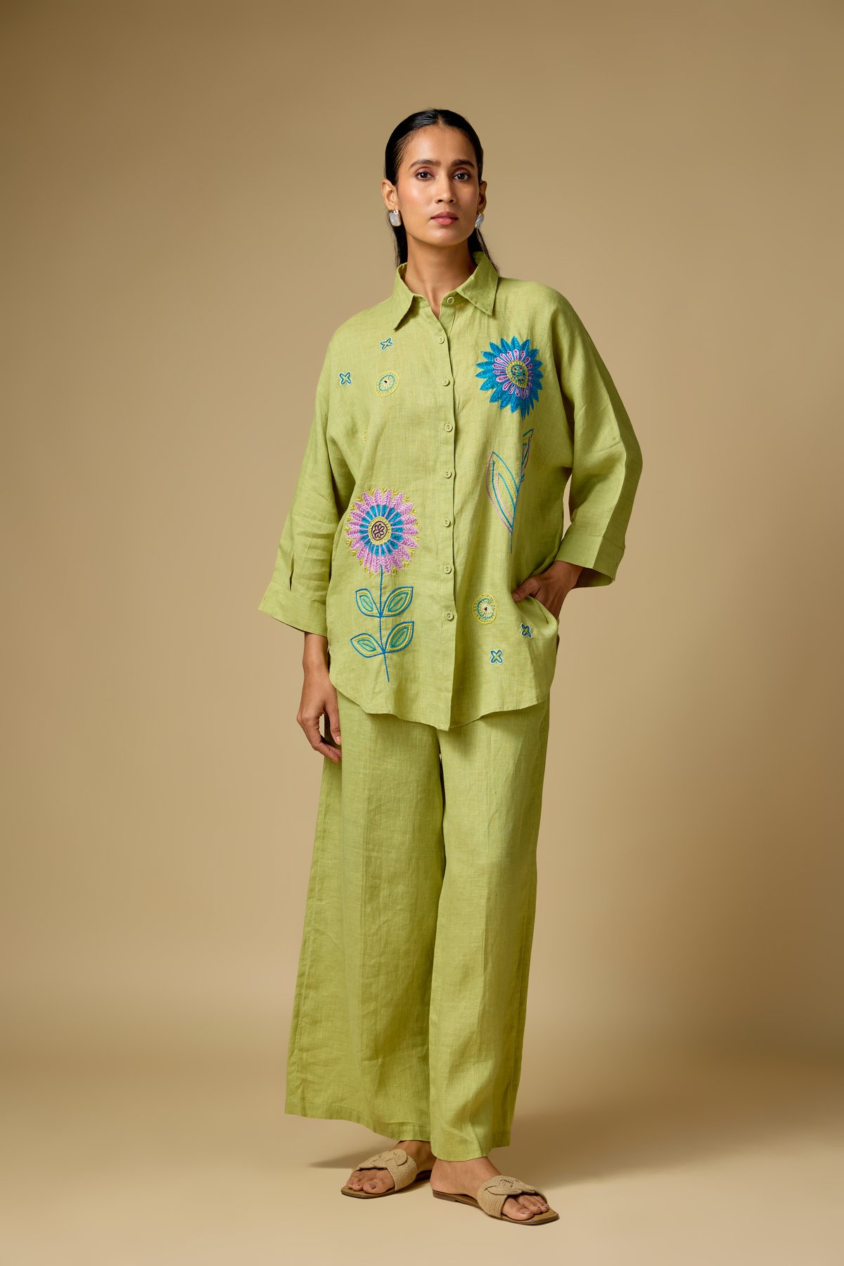 Pista Green Linen Embroidered Shirt and Pant Co-ord Set