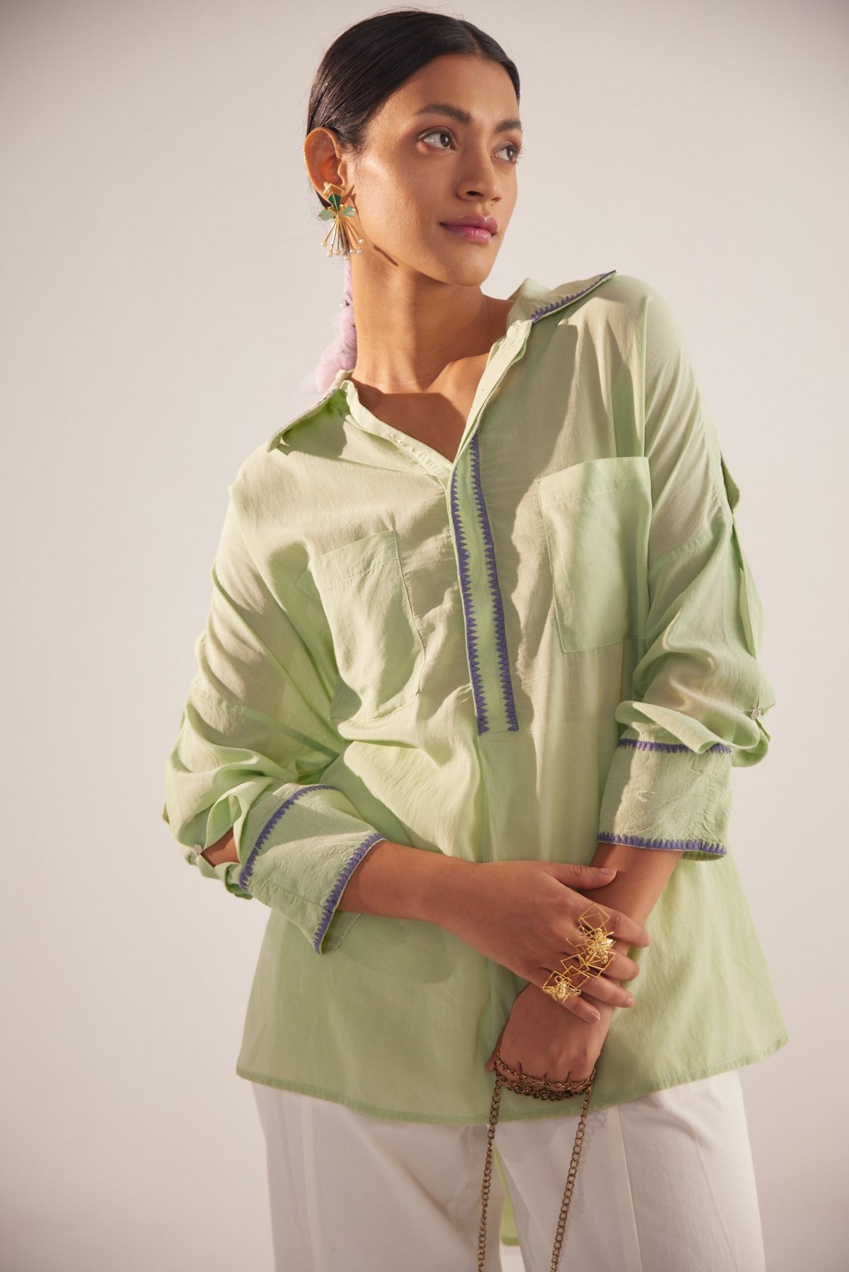 Green Collar Embroidered Oversized Shirt