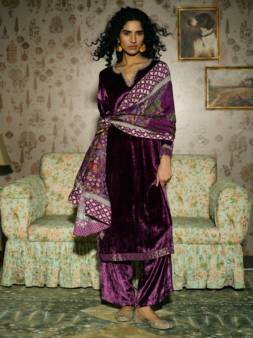 Violet Velvet Straight Kurta Set with Embellished V-Neck