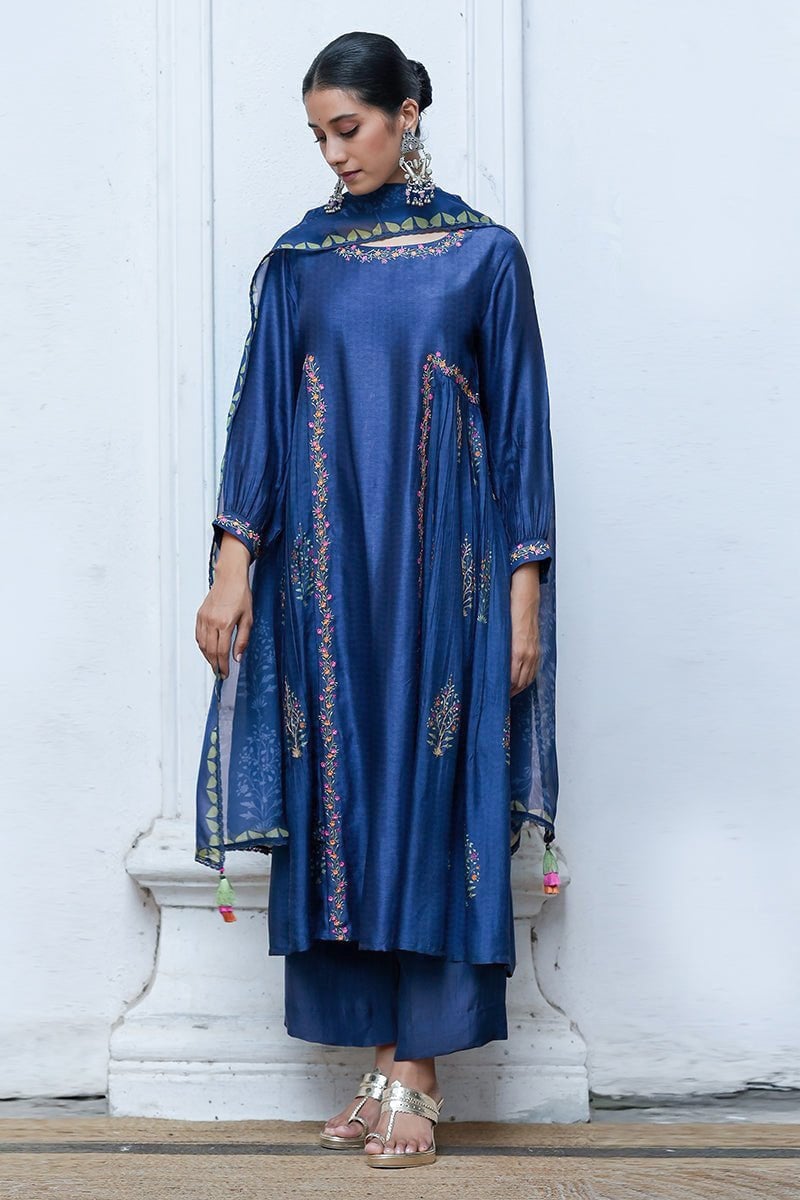 Blue Raw Silk Embroidered A-Line Suit Set