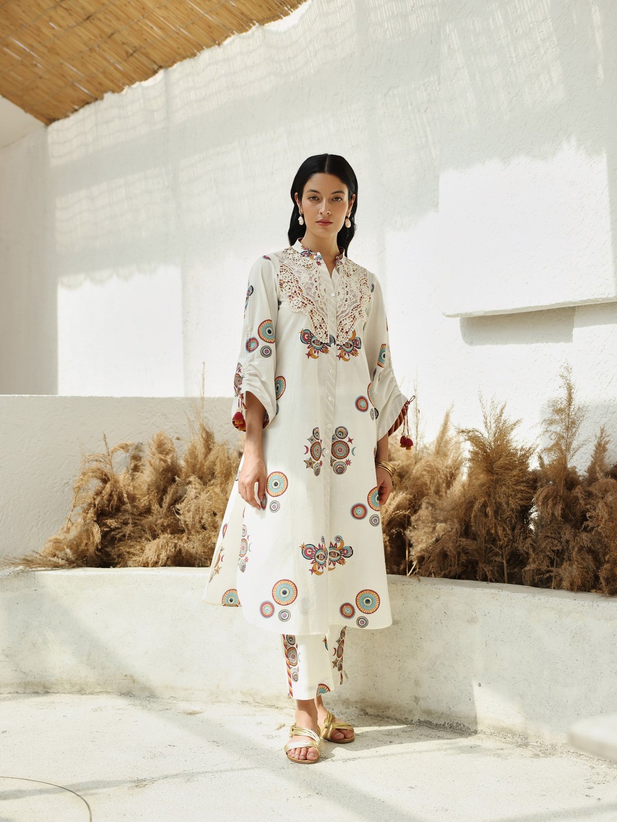 Maroon & Mustard Sun & Moon Print Kurta Set