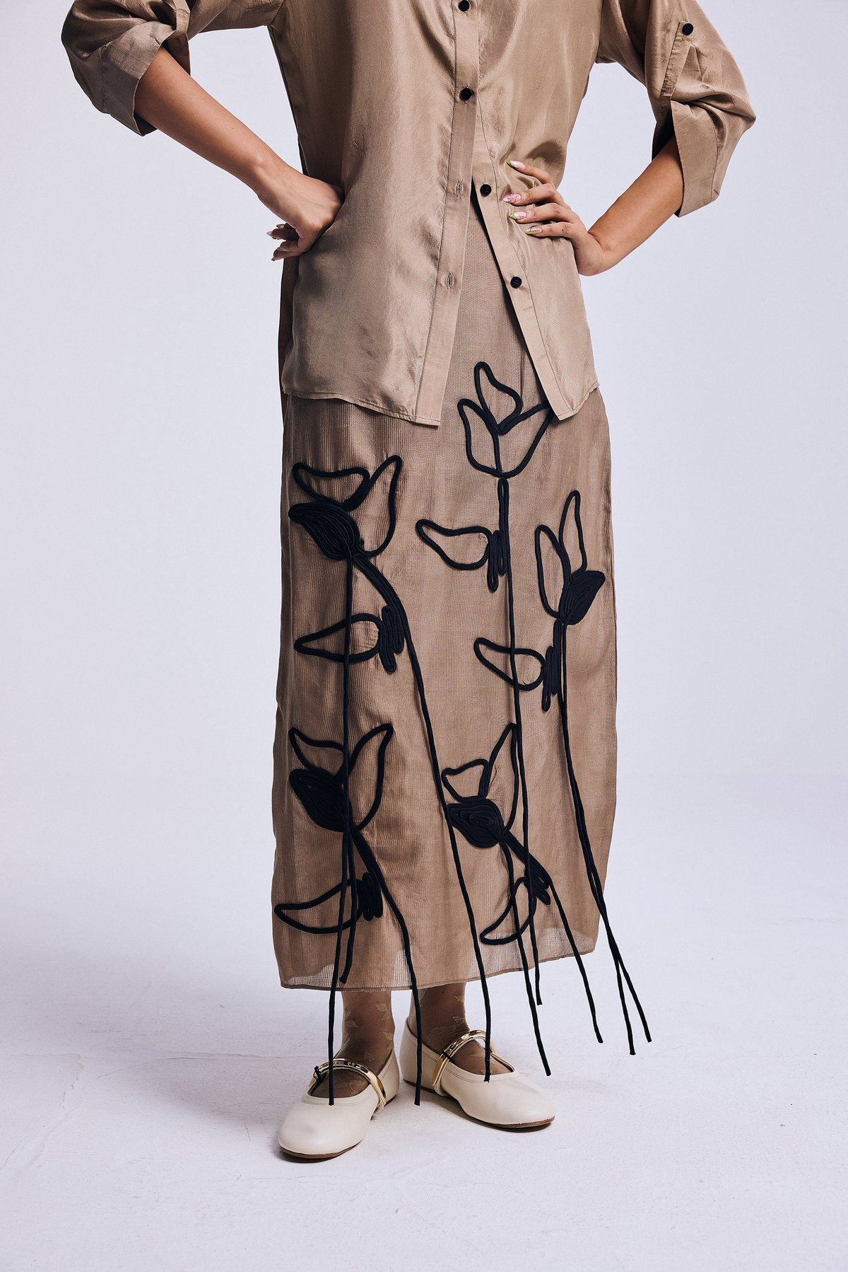 Desert Brown Pinstripe Midi Skirt with Black Floral Cordwork